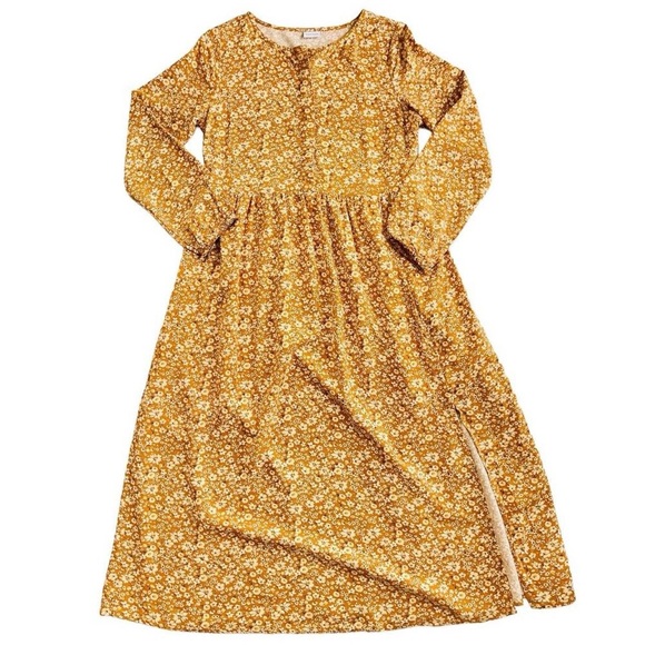 Lascana Ochre Mustard Yellow Floral Long Sleeve Prairie Dress 6 - Picture 2 of 6